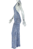 Blue Sexy Leopard Print Backless Halter Skinny Jumpsuits