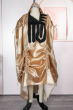 Champagne Casual Solid Color Draw String Ruched V Neck Long Dresses