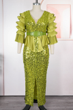 Lemon Yellow Elegant Solid Color Sequins Slit V Neck Long Plus Size Dresses