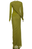 Green Elegant Solid Color Ruched O Neck Long Dresses