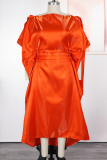 Champagne Casual Solid Color Ruched O Neck Long Dresses