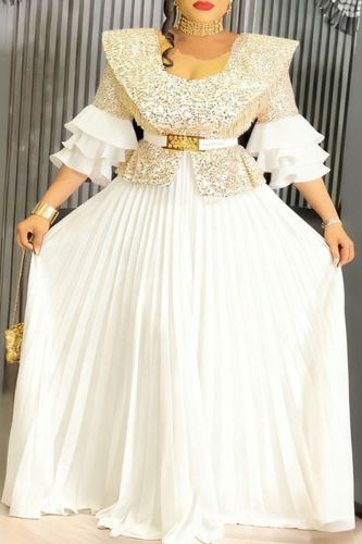 White Elegant Solid Color Hot Drill U Neck Long Plus Size Dresses