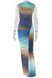 Blue Elegant Print Contrast O Neck Wrapped Skirt Dresses
