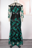 Red Sexy Print Lace O Neck Long Plus Size Dresses