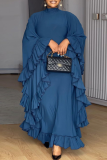 Blue Elegant Solid Color Flounce Half A Turtleneck Long Dresses