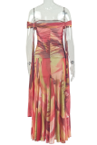 Red Yellow Sexy Print Ruched Strapless Long Dresses