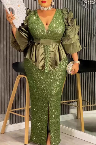Olive Green Elegant Solid Color Sequins Slit V Neck Long Plus Size Dresses