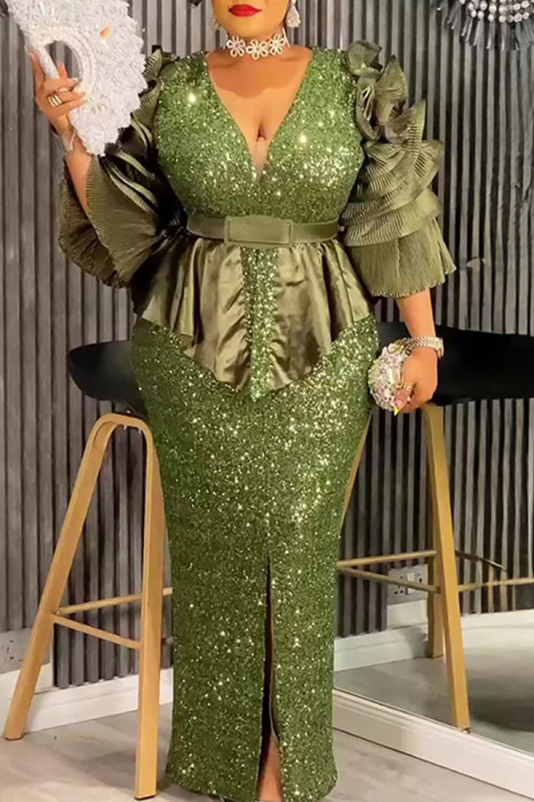 Olive Green Elegant Solid Color Sequins Slit V Neck Long Plus Size Dresses
