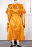 Champagne Casual Solid Color Ruched O Neck Long Dresses
