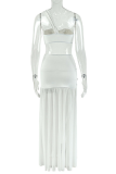 White Sexy Solid Color High Slit Strapless Two Pieces