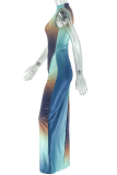 Blue Elegant Print Contrast O Neck Wrapped Skirt Dresses