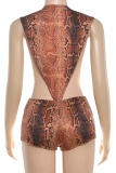 Grey Sexy Snakeskin Print Hollow Out O Neck Skinny Rompers