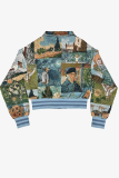 Light Blue Casual Letters Embroidered Turndown Collar Outerwear