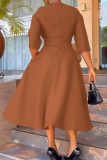 Caramel Colour Casual Solid Color Pocket O Neck Long Dresses
