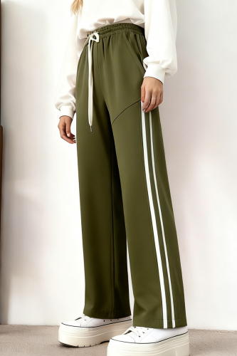 Army Green Casual Stripe Contrast Straight High Waist Conventional Patchwork Bottoms