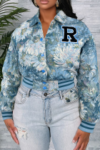 Light Blue Casual Letters Embroidered Turndown Collar Outerwear