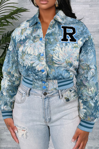 Light Blue Casual Letters Embroidered Turndown Collar Outerwear