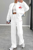 White Casual Print Zipper Zipper Collar Long Sleeve Two Pieces