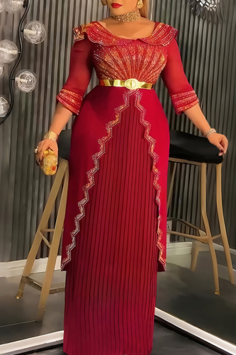 Purplish Red Elegant Solid Color Hot Drill V Neck Long Plus Size Dresses