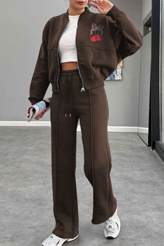 Coffee Casual Print Zipper Zipper Collar Long Sleeve Two Pieces