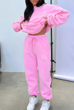 Pink Casual Print Pocket Hooded Long Sleeve Two Pieces