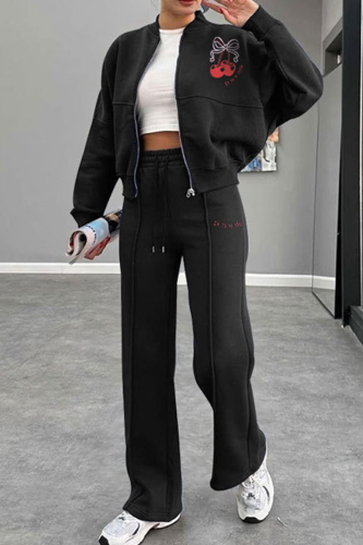 Black Casual Print Zipper Zipper Collar Long Sleeve Two Pieces