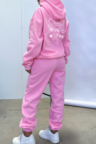 Pink Casual Print Pocket Hooded Long Sleeve Two Pieces