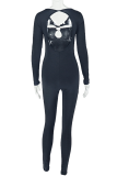 Blue Sexy Solid Color Hollow Out O Neck Skinny Jumpsuits