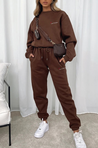 Coffee Casual Print Patchwork O Neck Long Sleeve Two Pieces