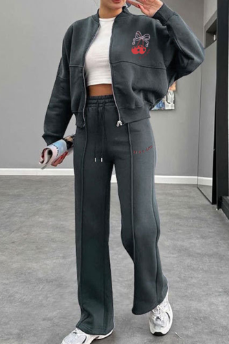 Dark Gray Casual Print Zipper Zipper Collar Long Sleeve Two Pieces