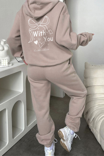 Gray Pink Casual Print Pocket Hooded Long Sleeve Two Pieces
