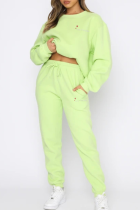 Fluorescent Green Casual Print Patchwork O Neck Long Sleeve Two Pieces