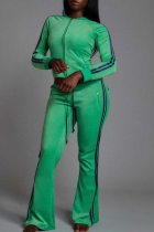 Green Casual Stripe Contrast Zipper Collar Long Sleeve Two Pieces