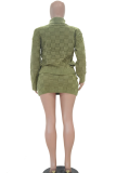Army Green Casual Plaid Patchwork Turtleneck Long Sleeve Two Pieces