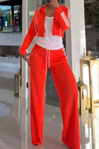 Tangerine Red Casual Stripe Contrast Turndown Collar Long Sleeve Two Pieces