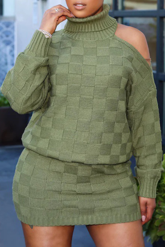 Army Green Casual Plaid Patchwork Turtleneck Long Sleeve Two Pieces