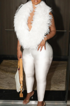 White Sexy Solid Color Backless Deep V Neck Skinny Jumpsuits