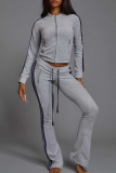 Green Casual Stripe Contrast Zipper Collar Long Sleeve Two Pieces