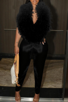 Black Sexy Solid Color Backless Deep V Neck Skinny Jumpsuits