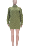 Army Green Casual Plaid Patchwork Turtleneck Long Sleeve Two Pieces
