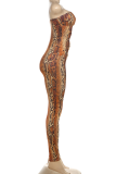 Orange Sexy Snakeskin Print Hollow Out Strapless Skinny Jumpsuits
