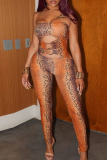 Orange Sexy Snakeskin Print Hollow Out Strapless Skinny Jumpsuits