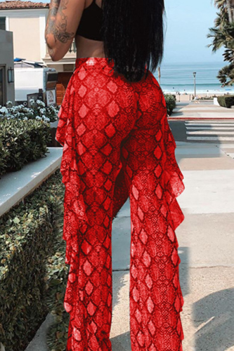 Red Casual Snakeskin Print Flounce Regular Full Print Bottoms