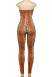 Orange Sexy Snakeskin Print Hollow Out Strapless Skinny Jumpsuits