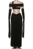 Blue Sexy Solid Color Hollow Out Off Shoulder Long Dresses