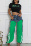 Green Casual Stripe Contrast Loose Denim Jeans