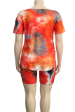 Tangerine Red Casual Tie Dye Patchwork O Neck Plus Size Two Pieces