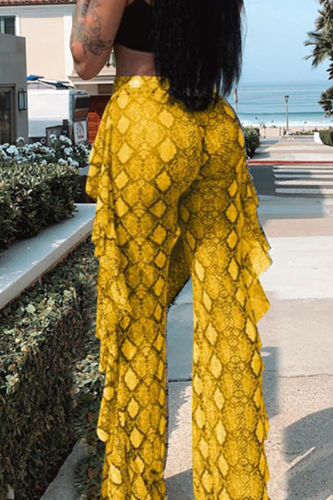 Yellow Casual Snakeskin Print Flounce Regular Full Print Bottoms