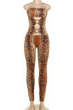 Orange Sexy Snakeskin Print Hollow Out Strapless Skinny Jumpsuits