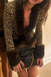 Yellow Sexy Leopard Print Patchwork Deep V Neck Long Sleeve Two Pieces